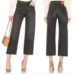 Levi's Ribcage Straight Ankle Raw Hem Black Cropped Jeans Women's Size 26